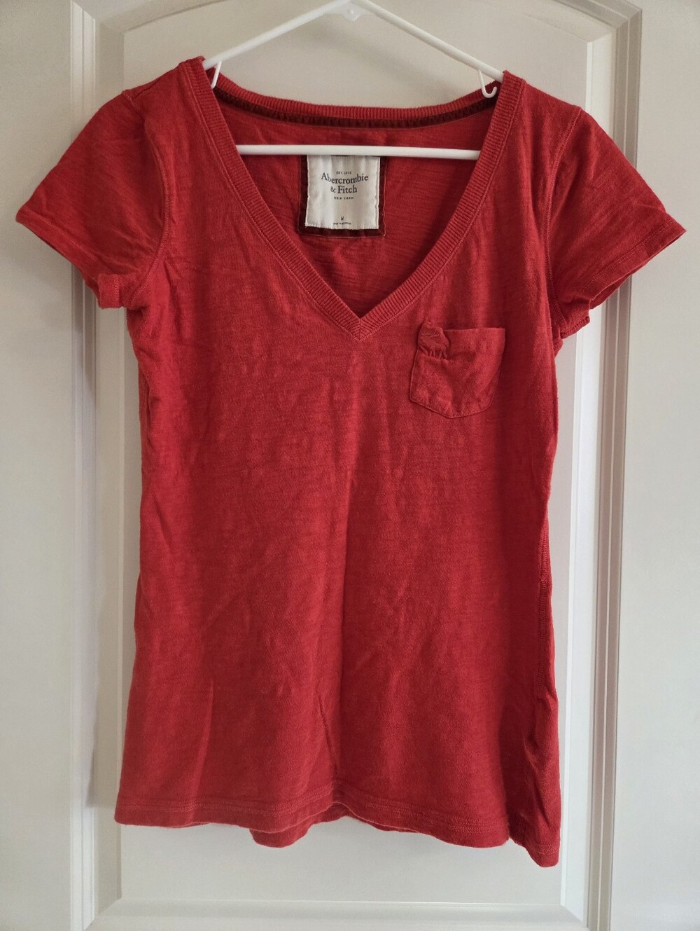 Abercrombie & Fitch Y2K Vintage Deep V-Neck Pocket Tee Red Slub Knit Top Size M
